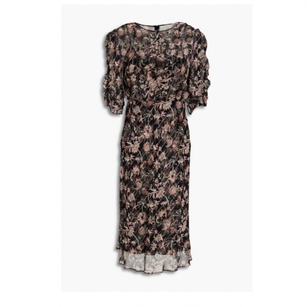 Veronica Beard Mitjana Floral Silk Dress Size 0 Black Ruched Sleeve Midi Chic - Picture 2 of 16